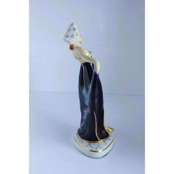 Art Deco Moriyama Dancing Lady Figure Bonnet Cobalt Blue Porcelain Hinode Japan - Picture 11 of 15